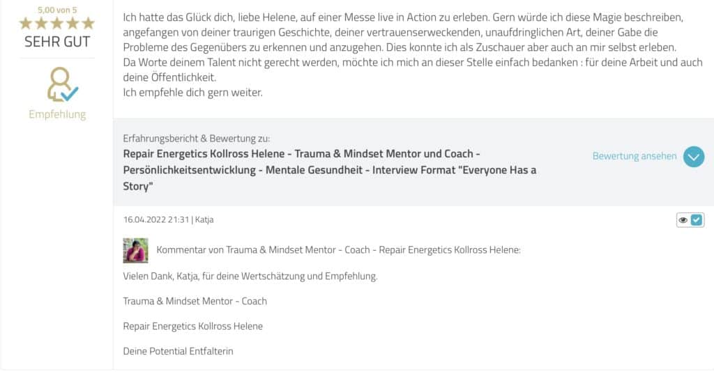 Proven Expert Empfehlung von Katja für Trauma & Mindset Mentor - Coach Repair Energetics Kollross Helene